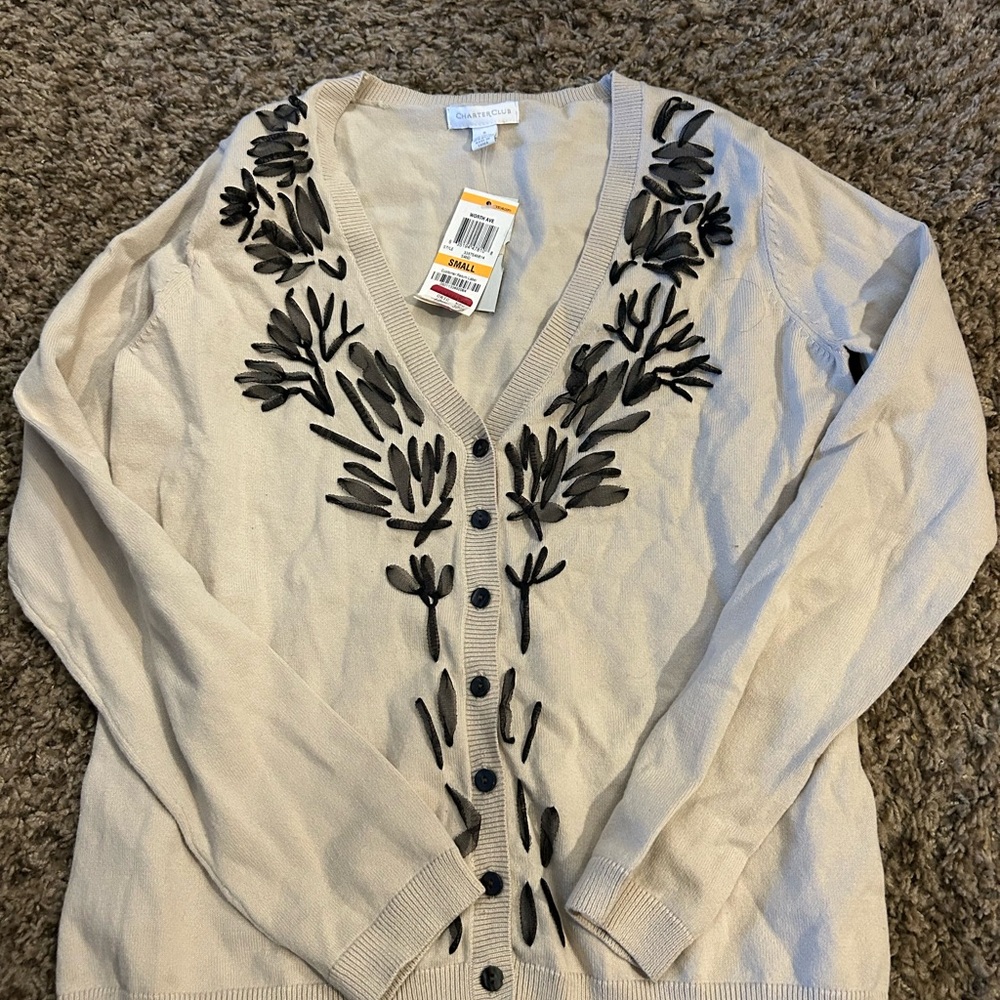Charter Club Cream Cardigan with Black Embroidery